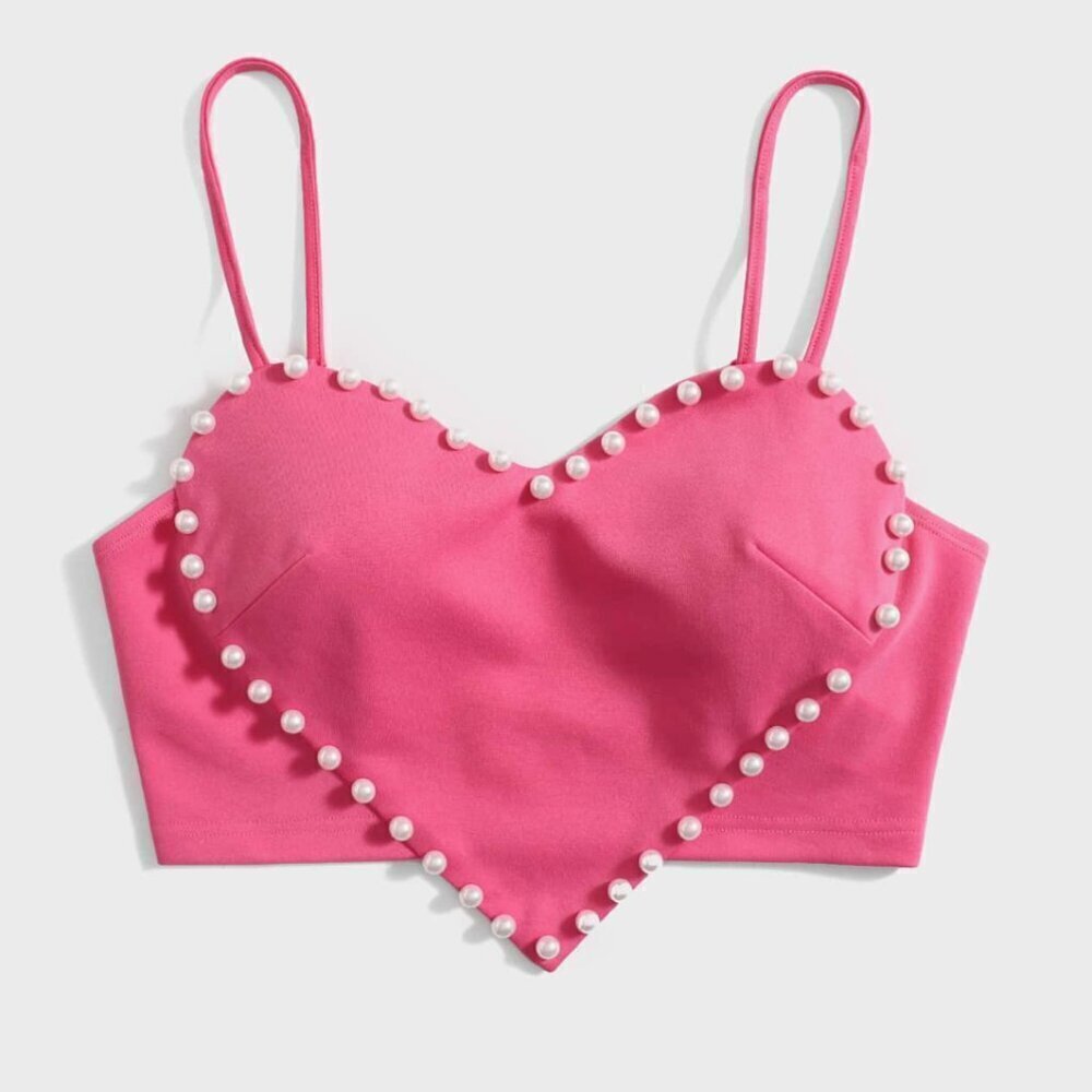 Shein‎ Women's Size 6 Heart Pattern Tank Top Pink Pearls Sleeveless Sweetheart